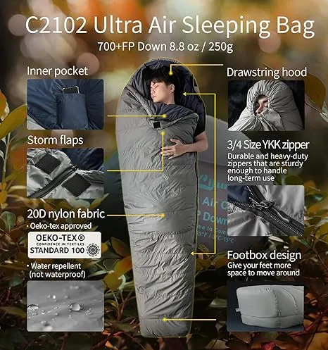 [Hyperax ft Litume][C2102-71] Down Ultra Air Mummy Sleeping Bag 1lbs 68-43°F, 700 Fill Power Sleep Sack for 3 Season, Ultra Lightweight, Compact and Portable, for Hiking Traveling Camping Backpacking Adult Outdoor Durable