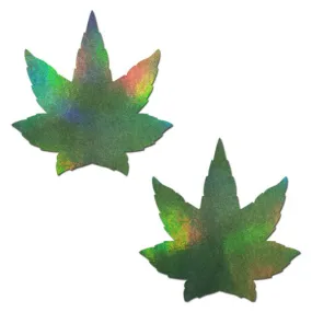 Indica Pot Leaf: Green Holographic Weed Nipple Pasties