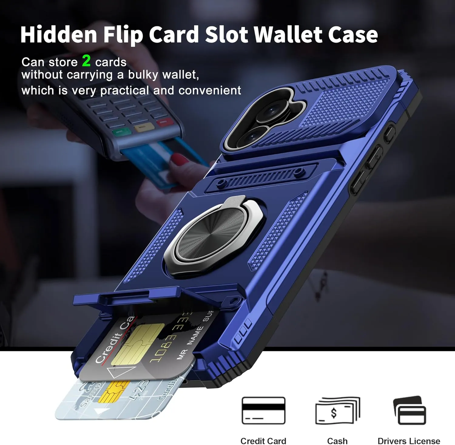 iPhone 16 Wallet Case Card Holder Store 2 Cards 360° Rotated Ring Stand Dual Layer Protection Wallet Phone Case Blue