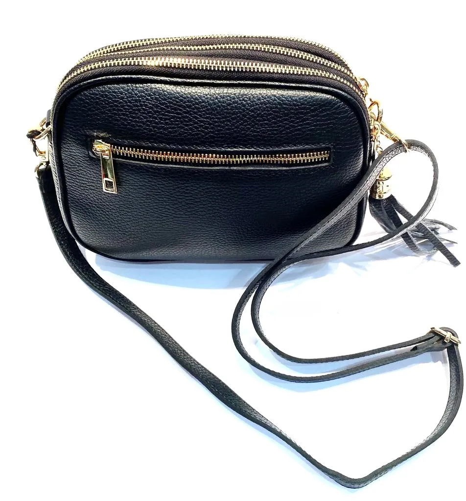 Italian Leather Black Shoulder Bag, with Gold Zipper details