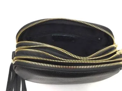 Italian Leather Black Shoulder Bag, with Gold Zipper details