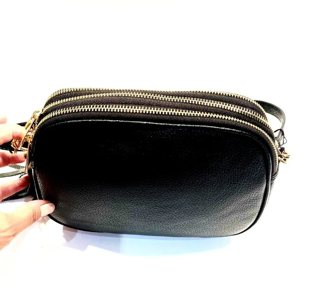 Italian Leather Black Shoulder Bag, with Gold Zipper details