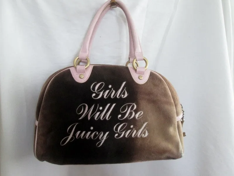 JUICY COUTURE ROYAL Leather Velvet purse leather DOG satchel bowler PINK BROWN