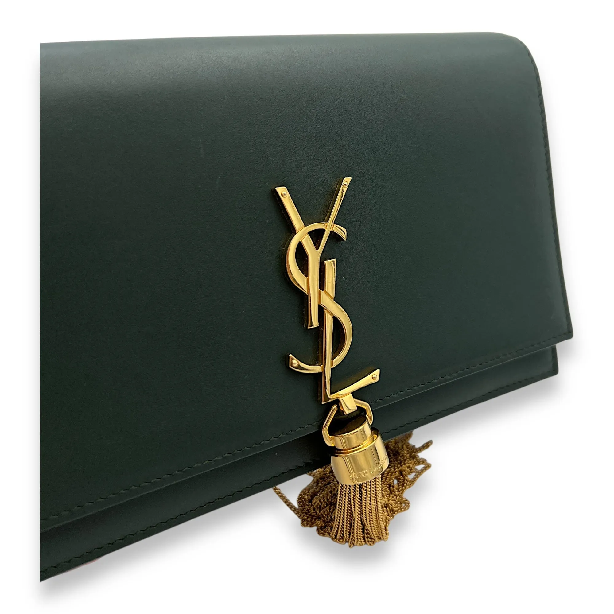 Kate Wallet On Chain Green in Calfskin, Gold hardware