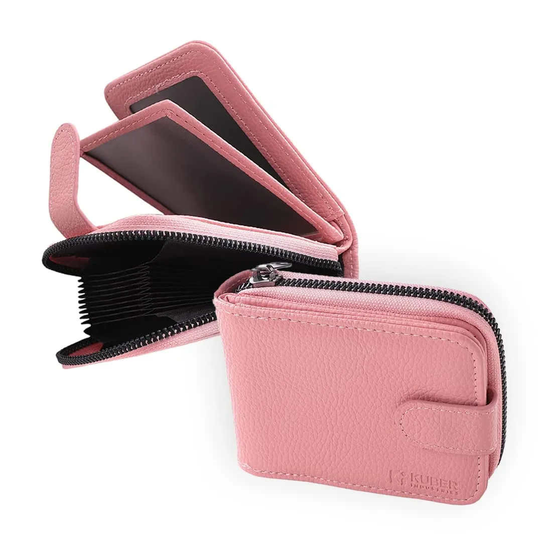 Kuber Industries Card Holder Wallet for Men Women|Debit Credit Card Holder|Wallet for Id, Visiting Card, Buisness Card|RFID Protected|Button & Zipper Closure Wallet|Pink (Pack of 3)