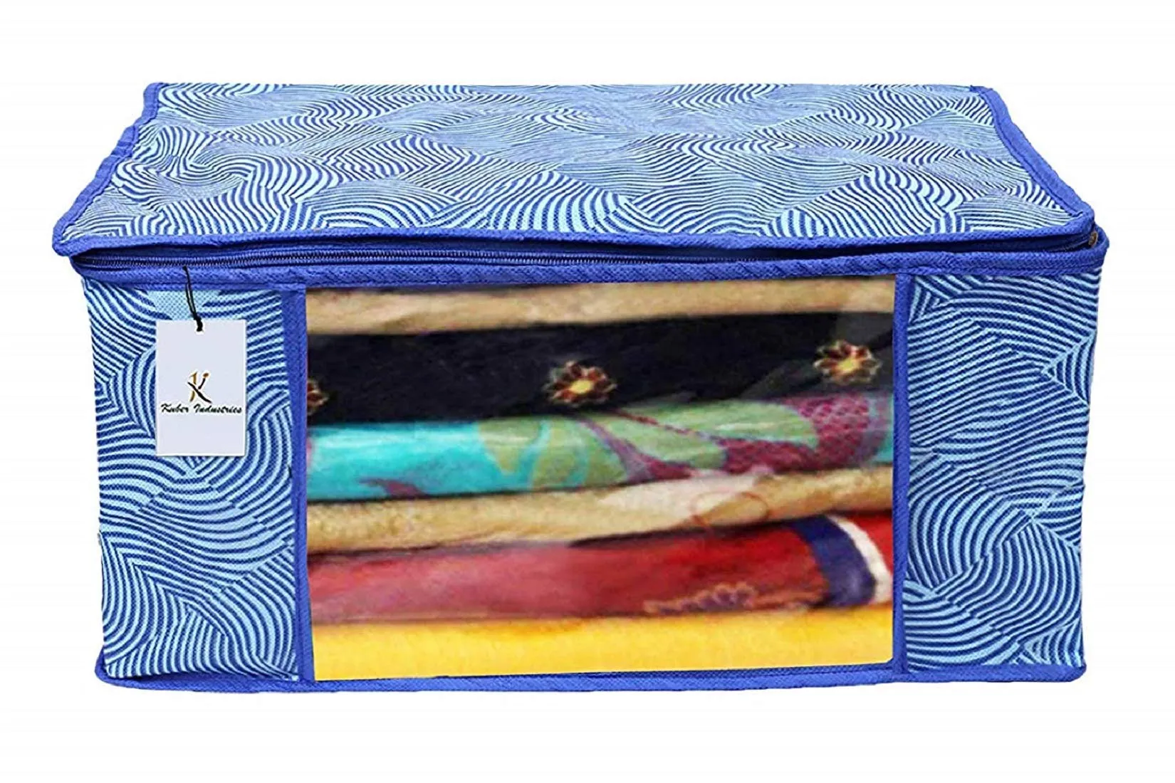 Kuber Industries Laheriya Printed Non Woven 6 Pieces Saree Cover and 6 Pieces Underbed Storage Bag, Cloth Organizer for Storage, Blanket Cover Combo Set (Blue) -CTKTC038690