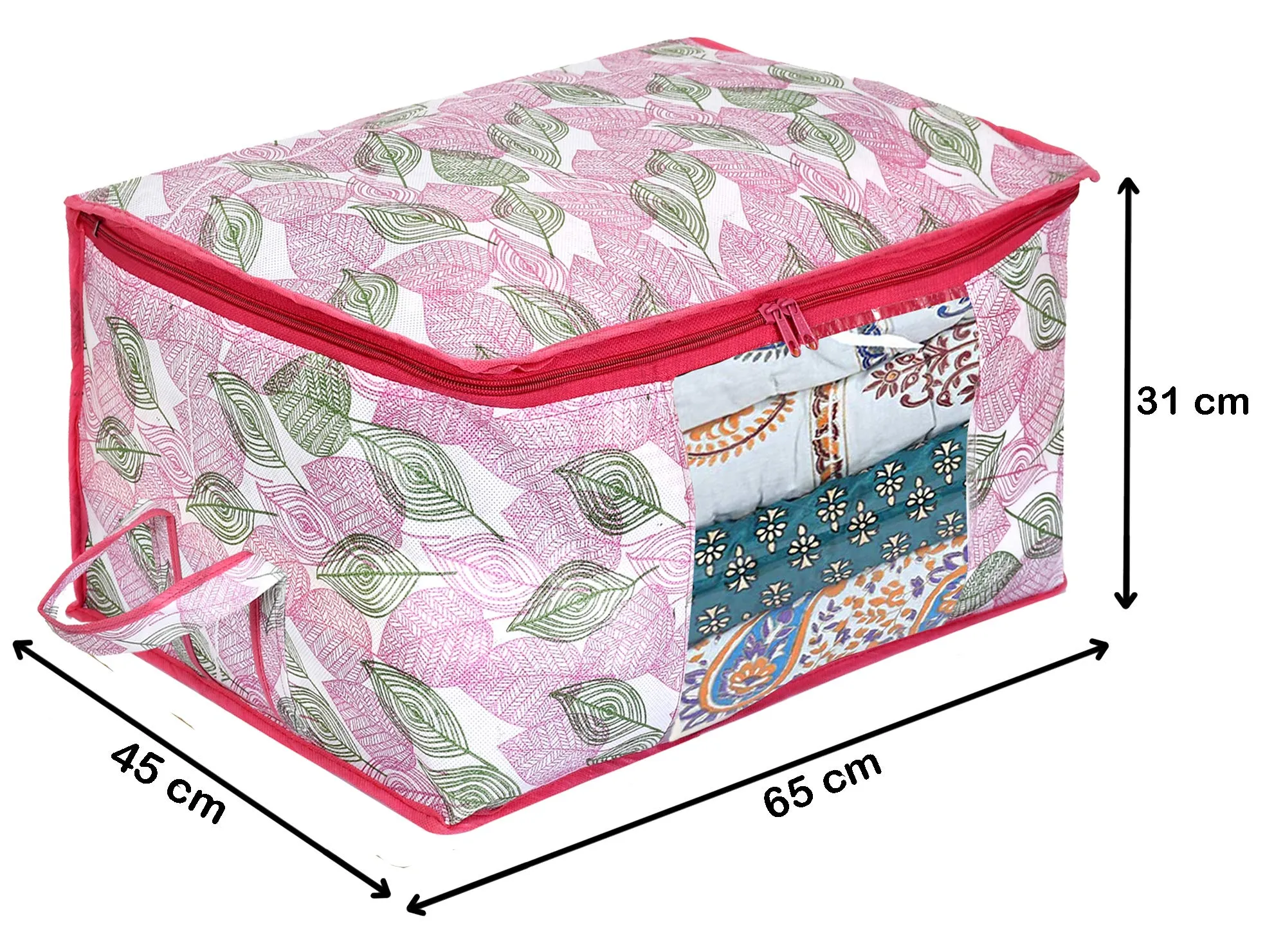 Kuber Industries Metalic Leafy Print Non Woven 4 Pieces Underbed Storage Bag,Cloth Organiser,Blanket Cover with Transparent Window (Pink)-KUBMART16619