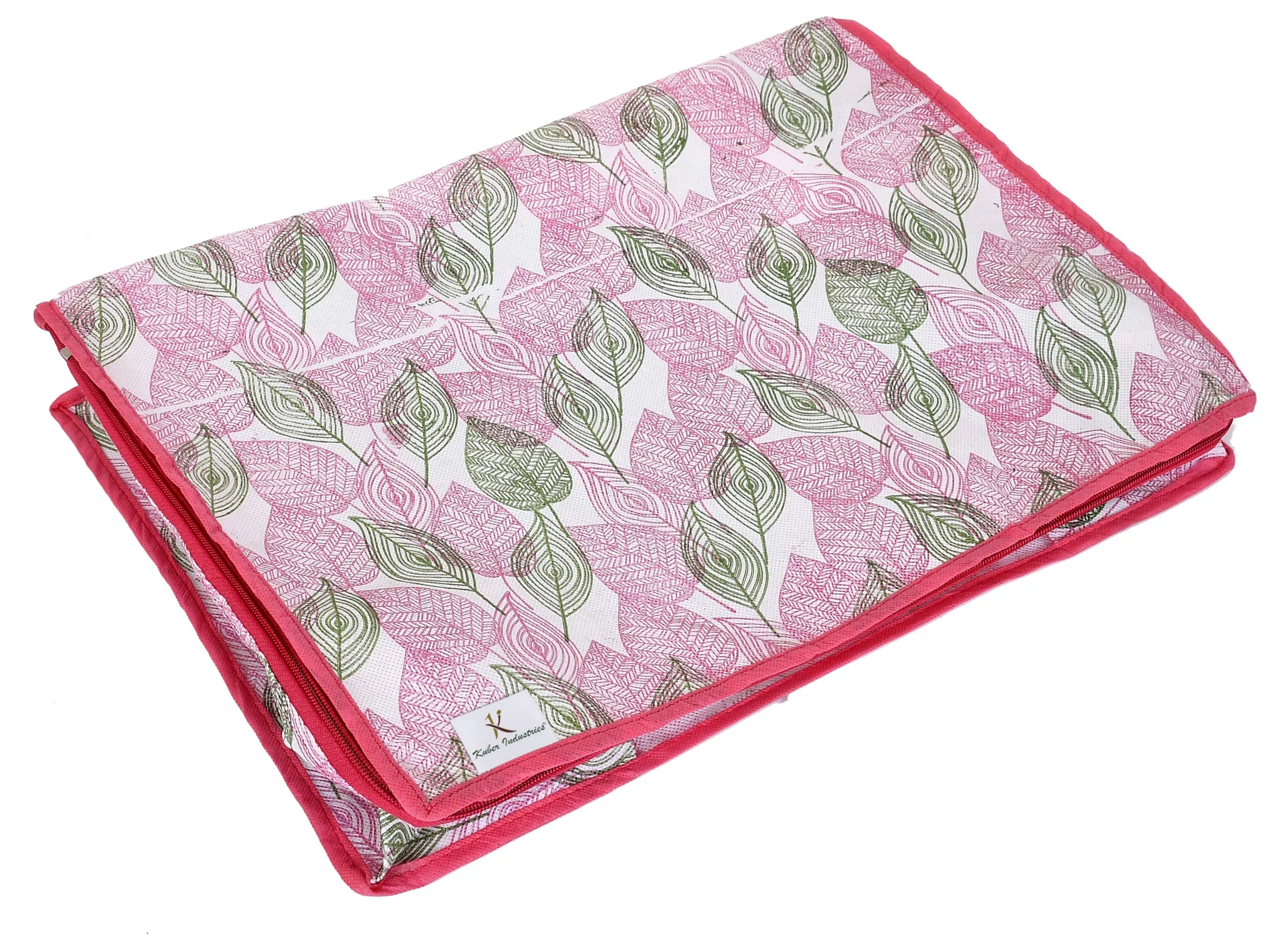 Kuber Industries Metalic Leafy Print Non Woven 4 Pieces Underbed Storage Bag,Cloth Organiser,Blanket Cover with Transparent Window (Pink)-KUBMART16619