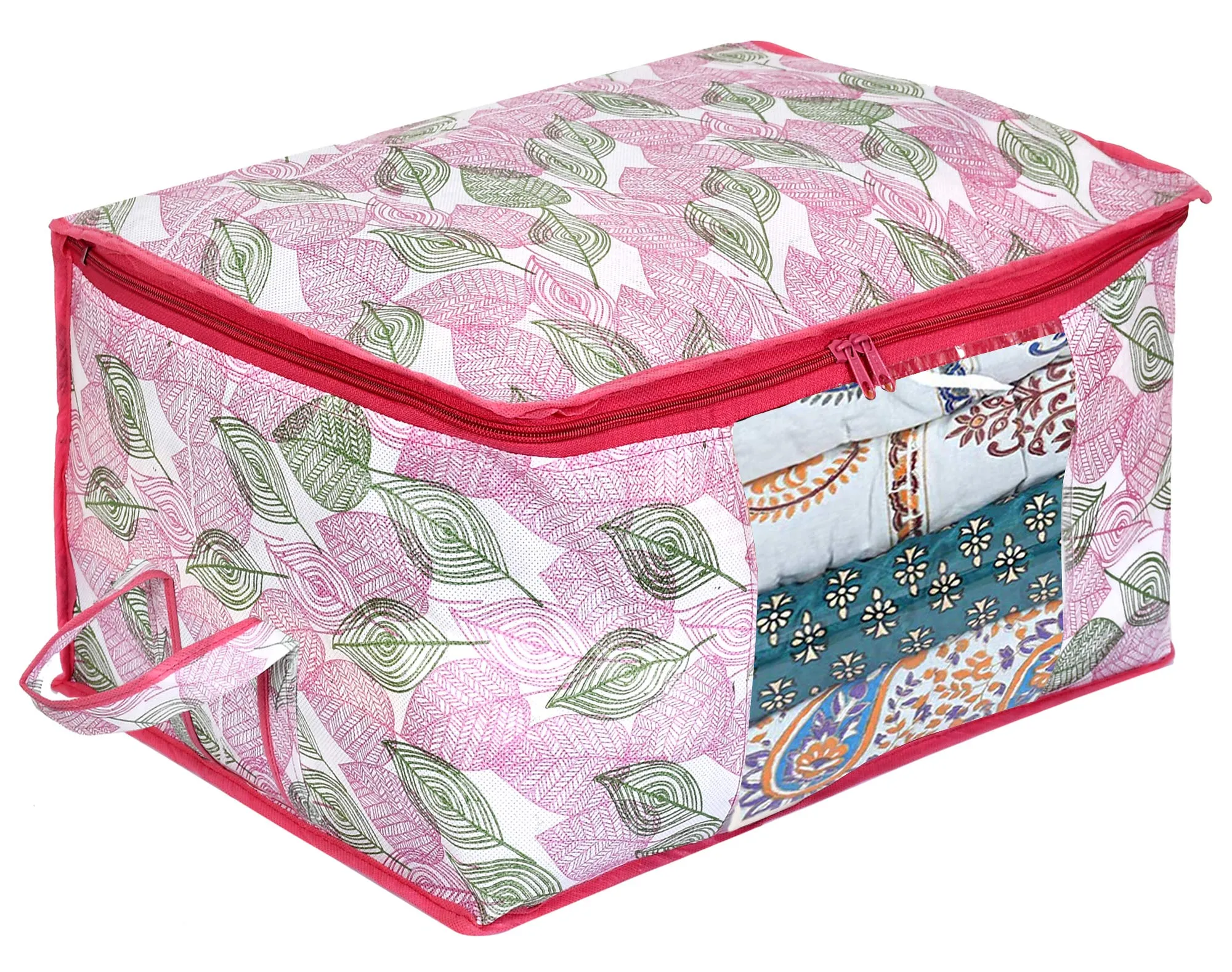 Kuber Industries Metalic Leafy Print Non Woven 4 Pieces Underbed Storage Bag,Cloth Organiser,Blanket Cover with Transparent Window (Pink)-KUBMART16619