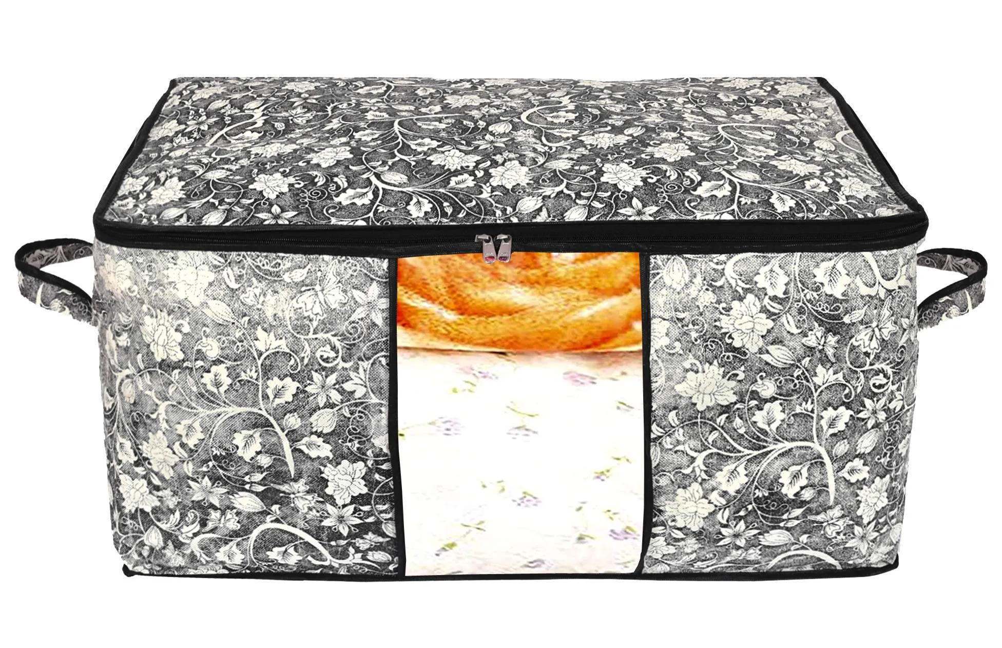 Kuber Industries Metalic Leafy,Flower Print Non Woven 4 Pieces Underbed Storage Bag,Cloth Organiser,Blanket Cover with Transparent Window (Black & Pink)-KUBMART16641