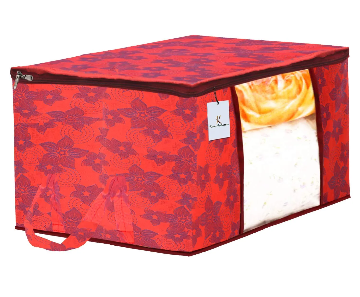 Kuber Industries Metallic Printed Non Woven 2 Pieces Saree Cover and 2 Pieces Underbed Storage Bag, Cloth Organizer for Storage, Blanket Cover Combo Set (Red) -CTKTC038548