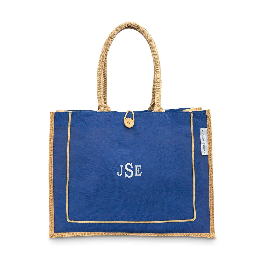 LARGE PERSONALIZED REUSABLE FABRIC BEACH TOTE - BLUE BURLAP