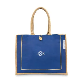 LARGE PERSONALIZED REUSABLE FABRIC BEACH TOTE - BLUE BURLAP