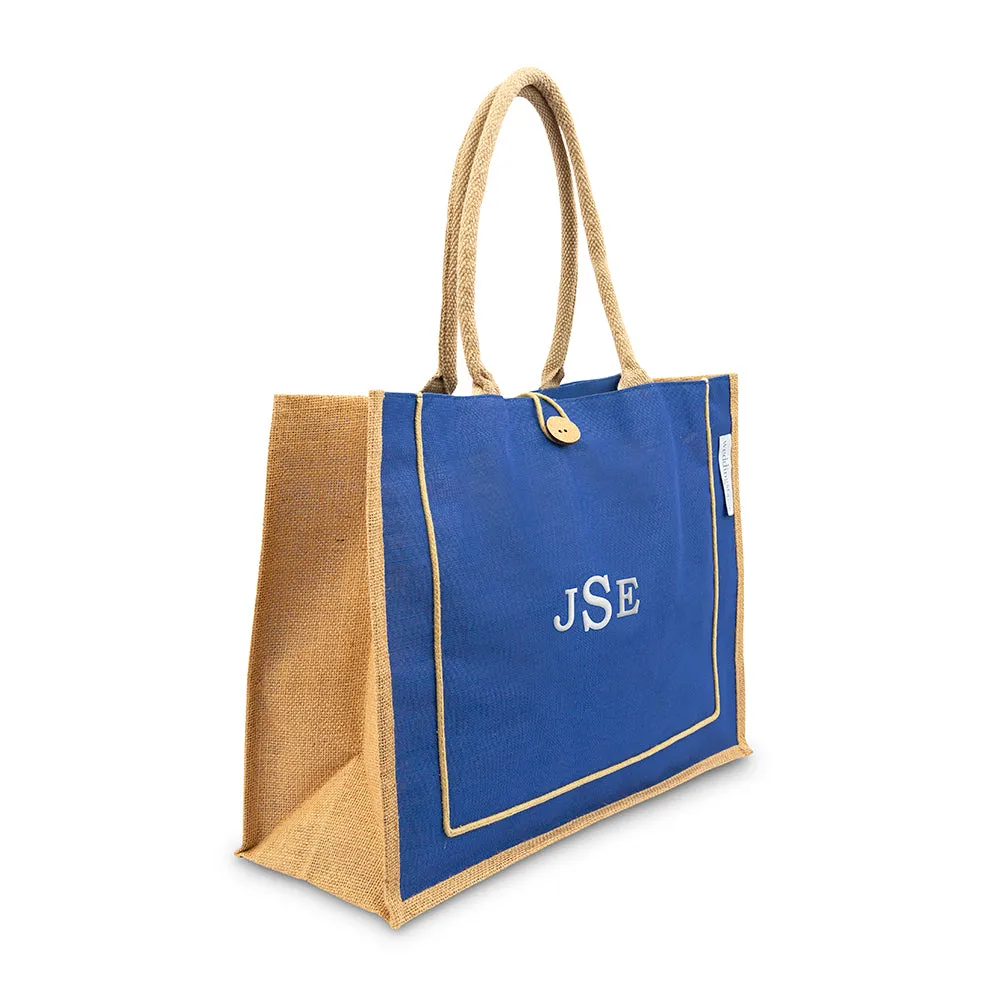 LARGE PERSONALIZED REUSABLE FABRIC BEACH TOTE - BLUE BURLAP