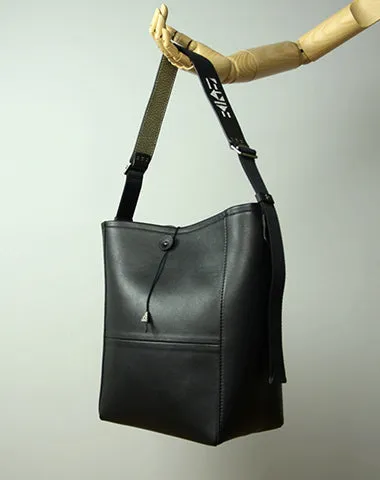 Large Womens Black Leather Shoulder Barrel Tote Bag Bucket Tote Handbag Purse Work Bag for Ladies