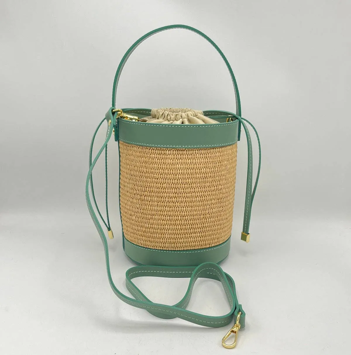 Leather and Straw Bucket Bag - Mint