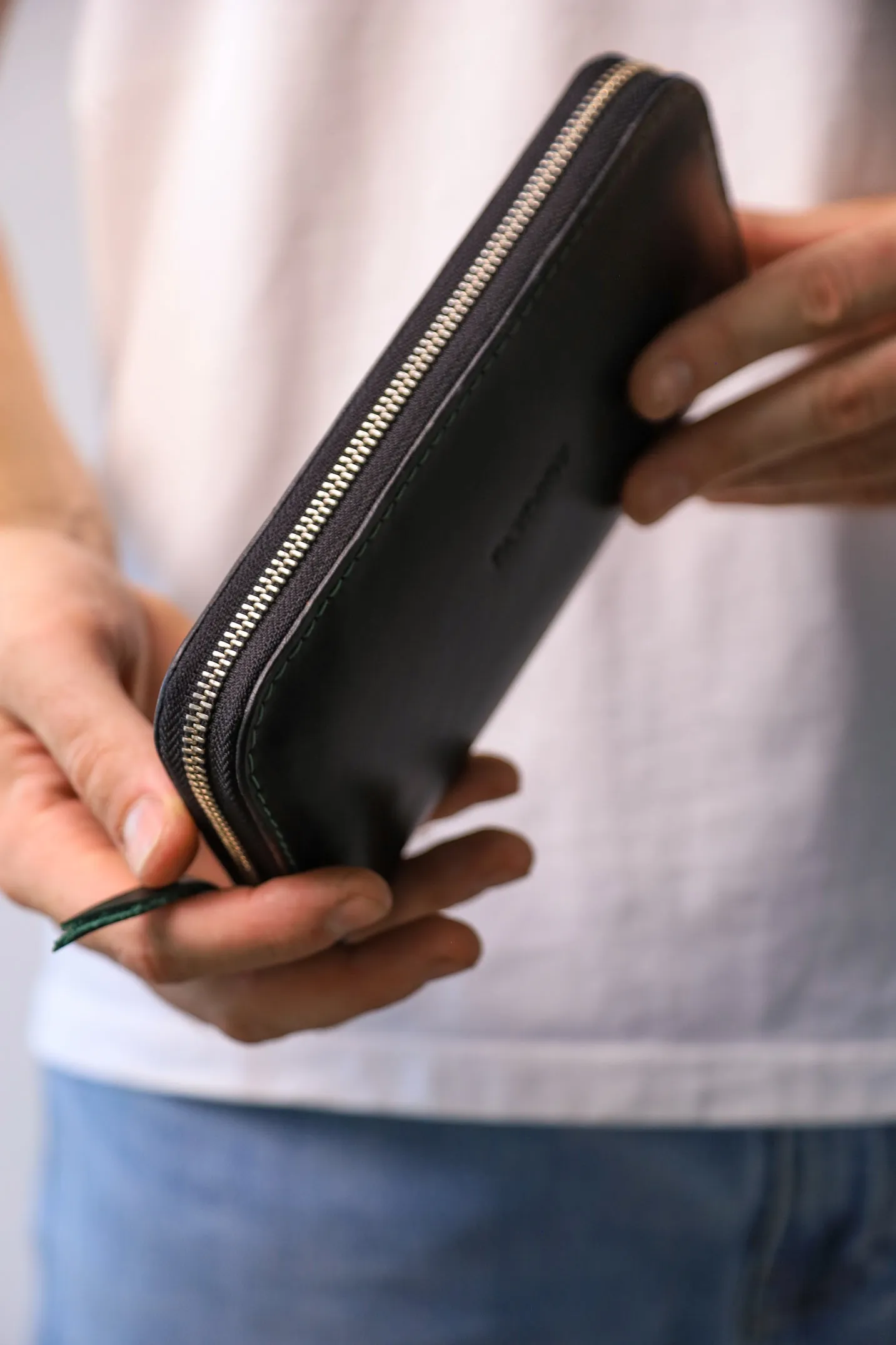 Leather zip around wallet, Personalized Leather Clutch, handmade men's wallet, Full Grain Leather, men's purse, Green men's leather wallet