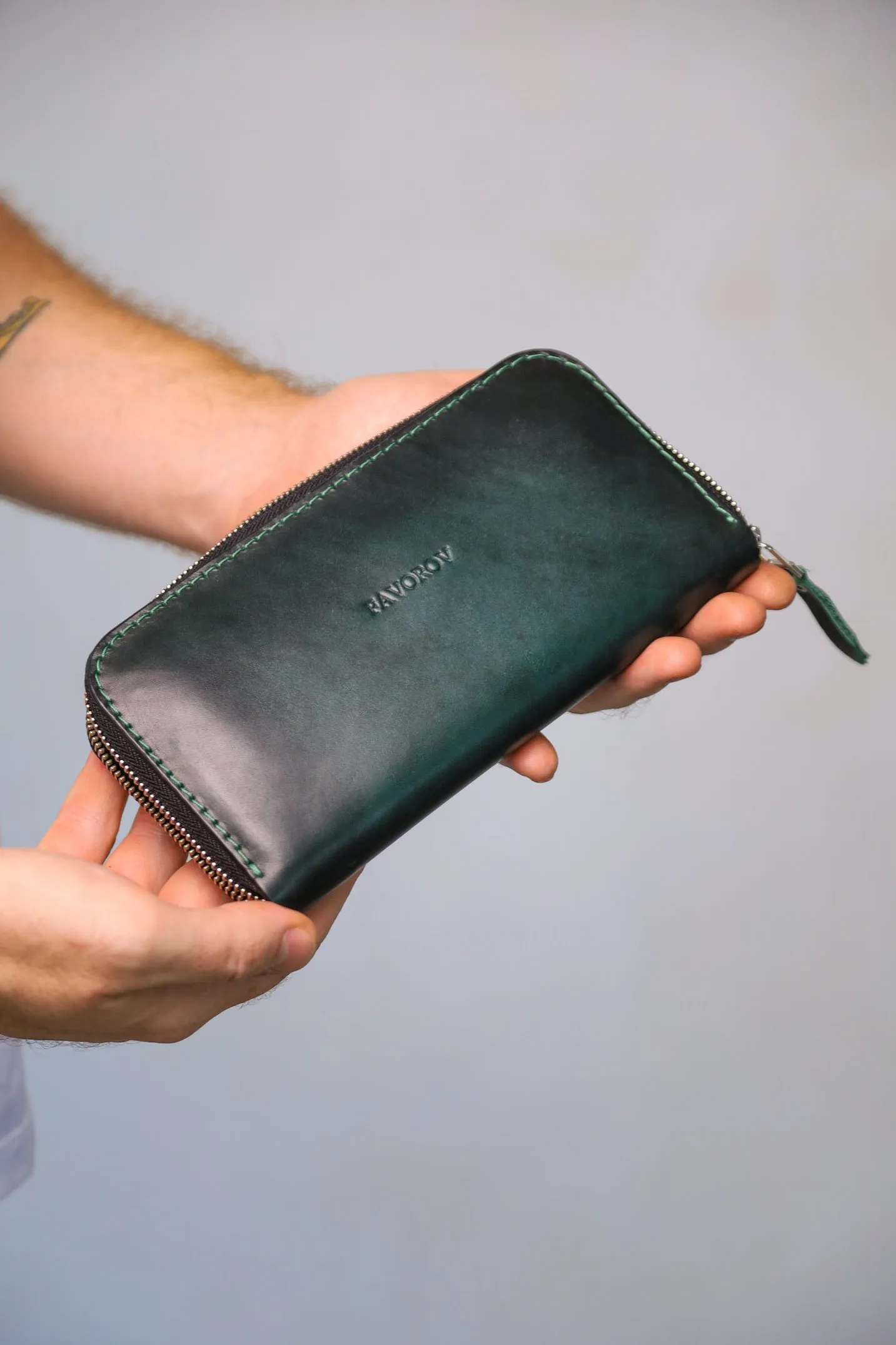 Leather zip around wallet, Personalized Leather Clutch, handmade men's wallet, Full Grain Leather, men's purse, Green men's leather wallet