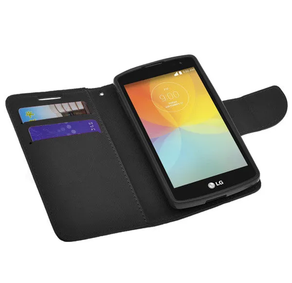 LG F60 | Optimus F60 | MS395 | D390N Case, Wrist Strap Flip Folio [Kickstand Feature] Pu Leather Wallet Case with ID & Credit Card Slots - Black