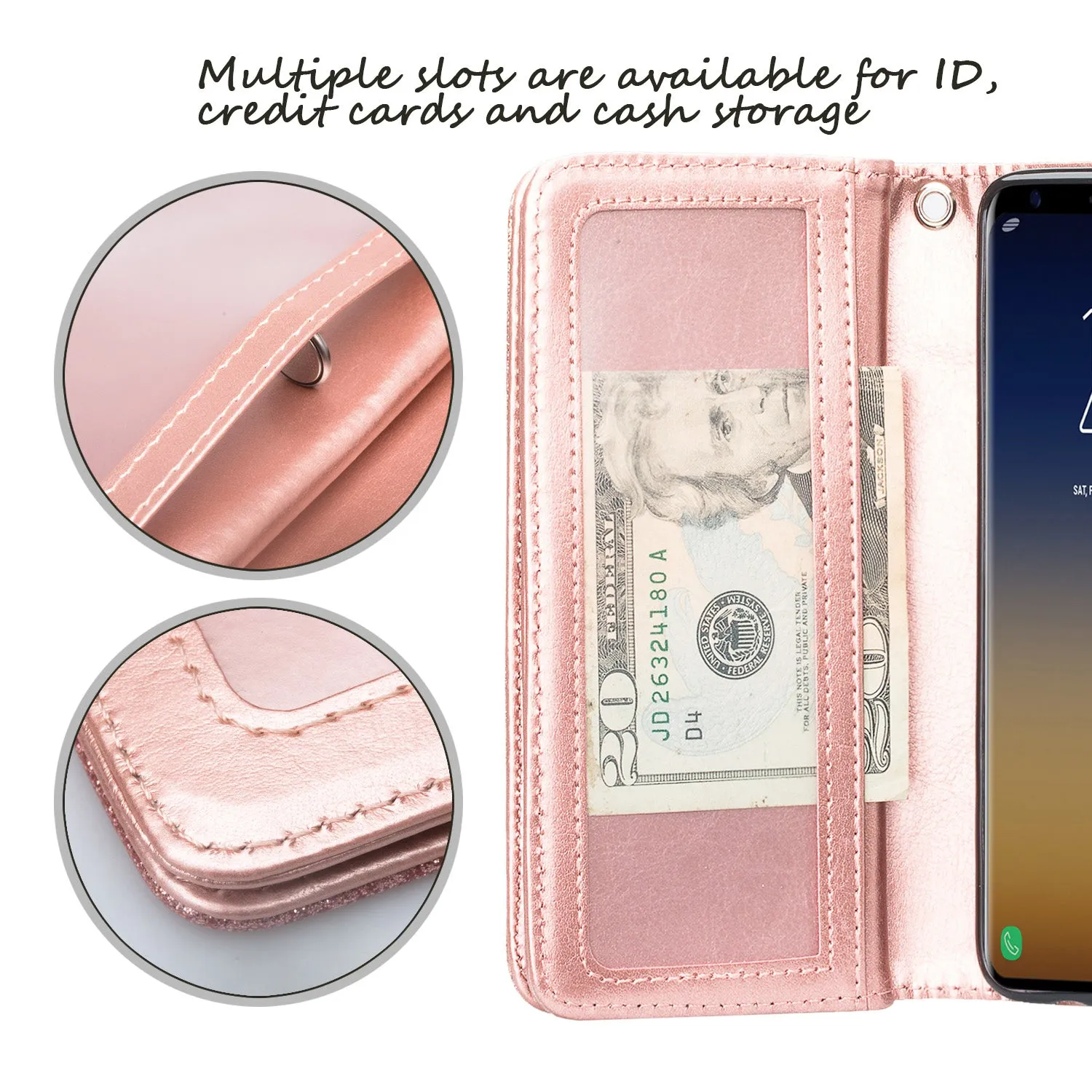 LG Stylo 4 Case, Stylo 4 Plus, Q Stylus Glitter Faux Leather Flip Credit Card Holder Wrist Strap Shockproof Protective Wallet Case Clutch - Rose Gold