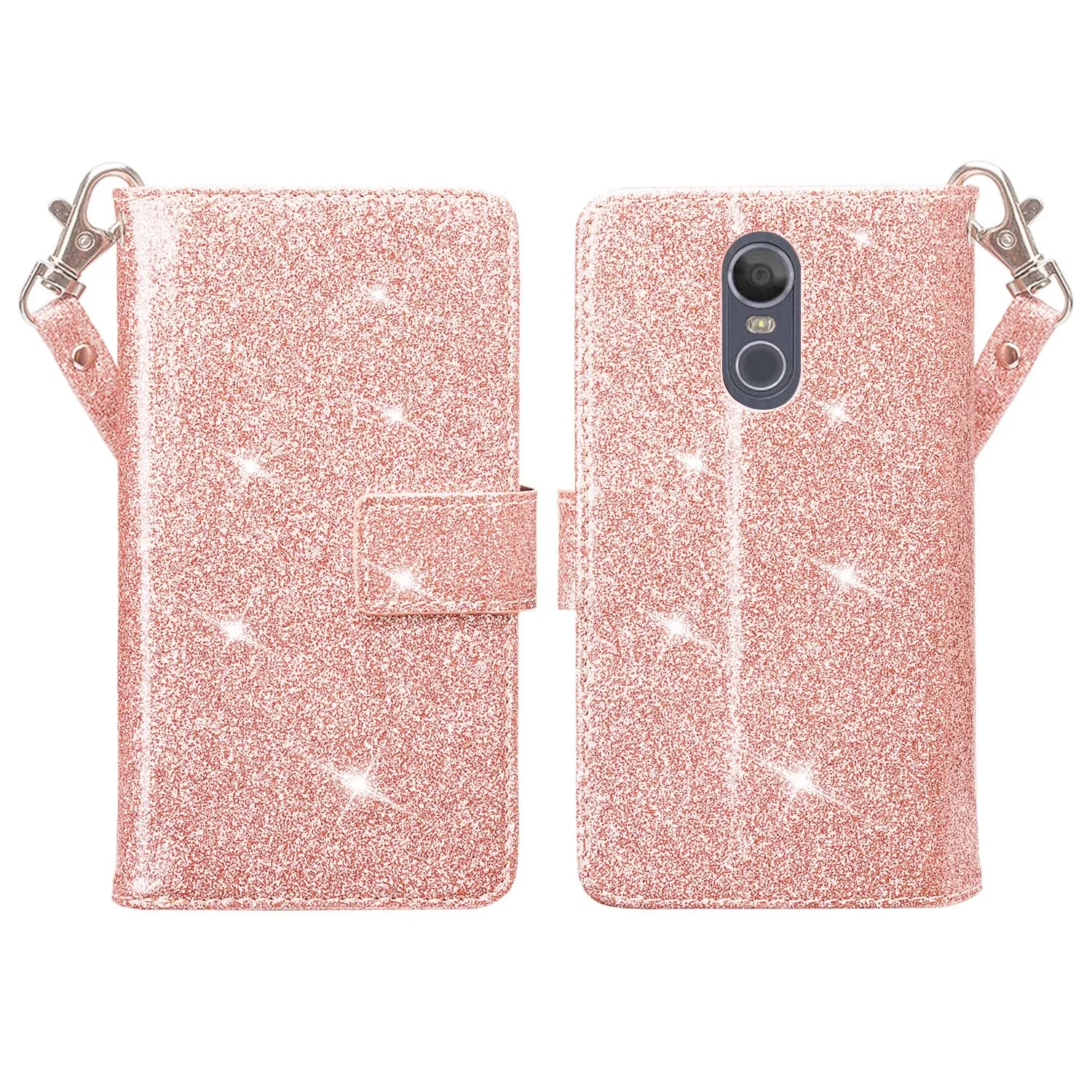 LG Stylo 4 Case, Stylo 4 Plus, Q Stylus Glitter Faux Leather Flip Credit Card Holder Wrist Strap Shockproof Protective Wallet Case Clutch - Rose Gold