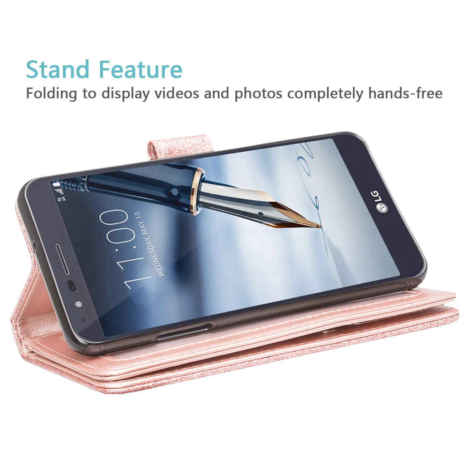 LG Stylo 4 Case, Stylo 4 Plus, Q Stylus Glitter Faux Leather Flip Credit Card Holder Wrist Strap Shockproof Protective Wallet Case Clutch - Rose Gold