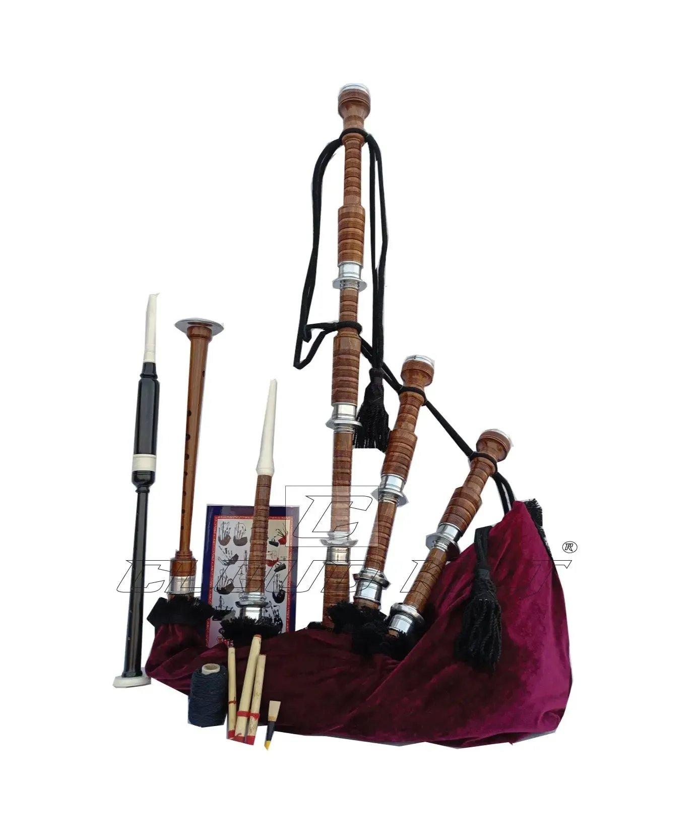 Maroon Velvet Bagpipe Set Brown & Silver Finish With Hard Case