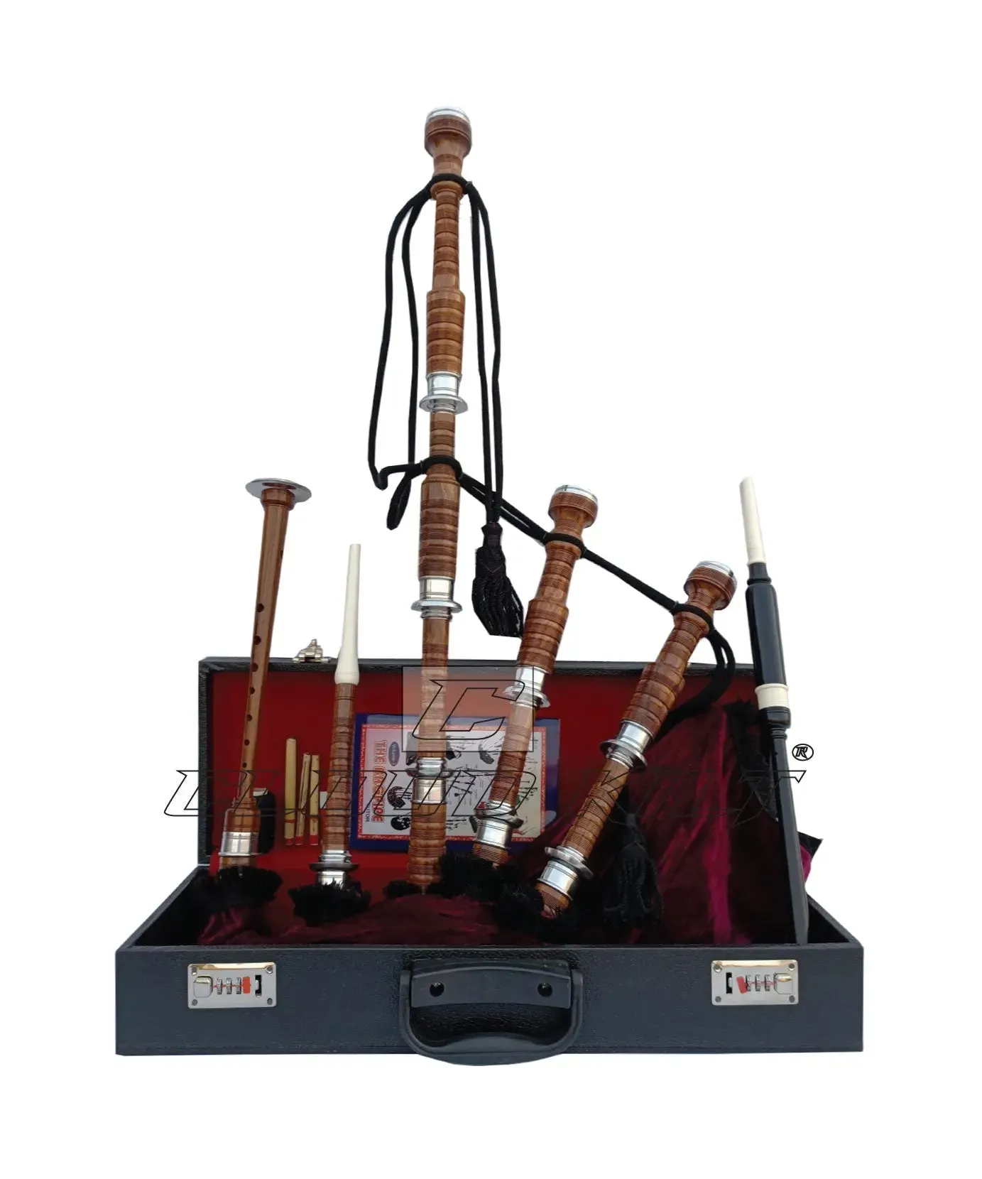 Maroon Velvet Bagpipe Set Brown & Silver Finish With Hard Case