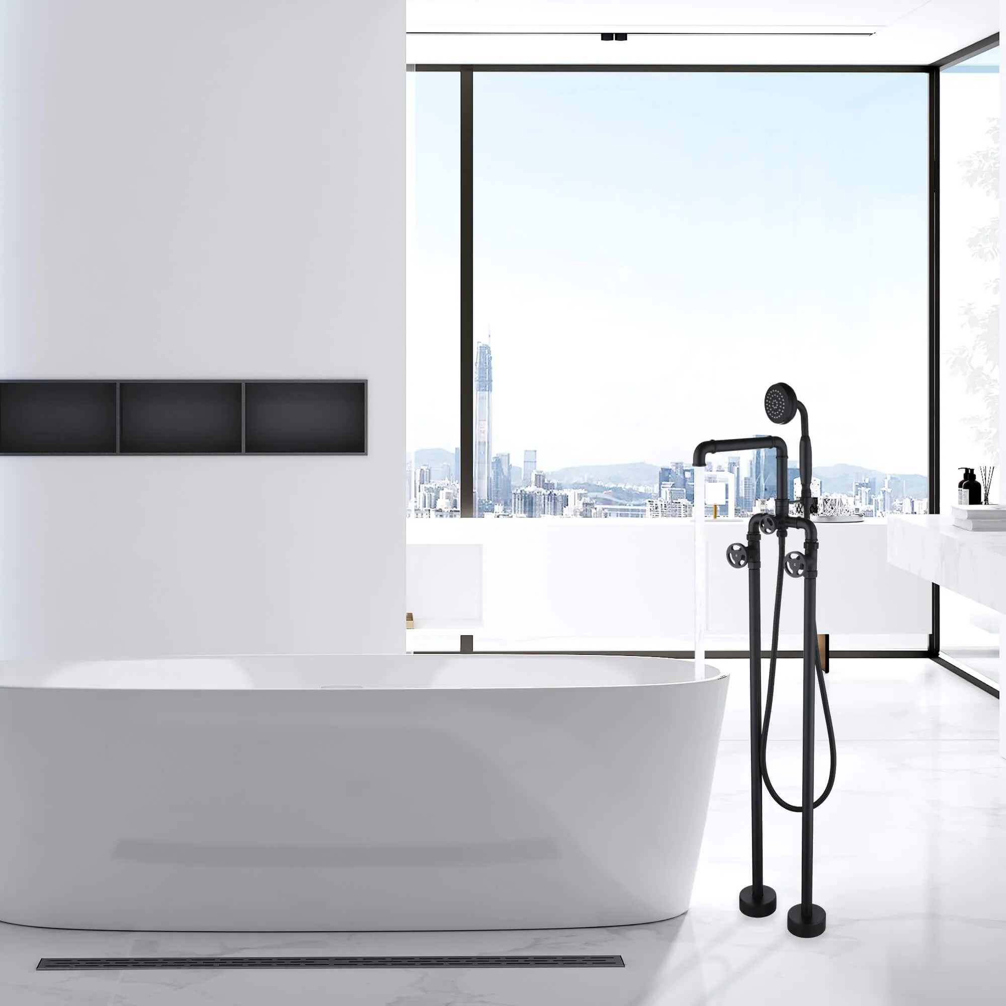 Matte Black Freestanding Tub Faucet Clawfoot Industrial Tub Faucet with Hand Shower RB0992