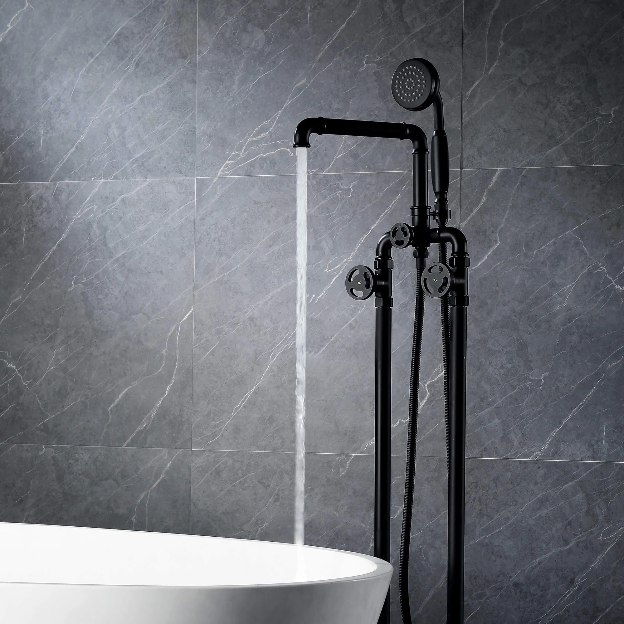 Matte Black Freestanding Tub Faucet Clawfoot Industrial Tub Faucet with Hand Shower RB0992