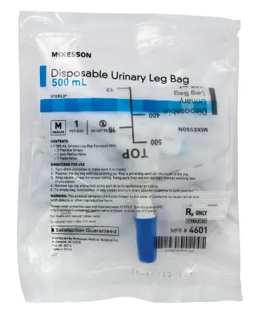 McKesson Urinary Leg Bag, Anti-Reflux Valve, 500 mL, Vinyl, Case of 48