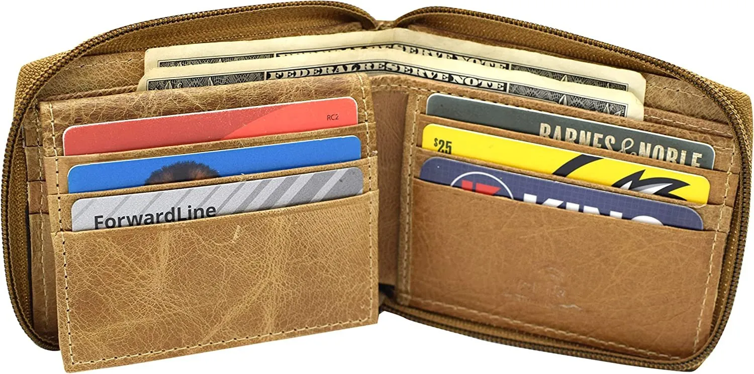 Men's Zip Around RFID Blocking Genuine Leather Outside ID Bifold Tan Wallet for Men