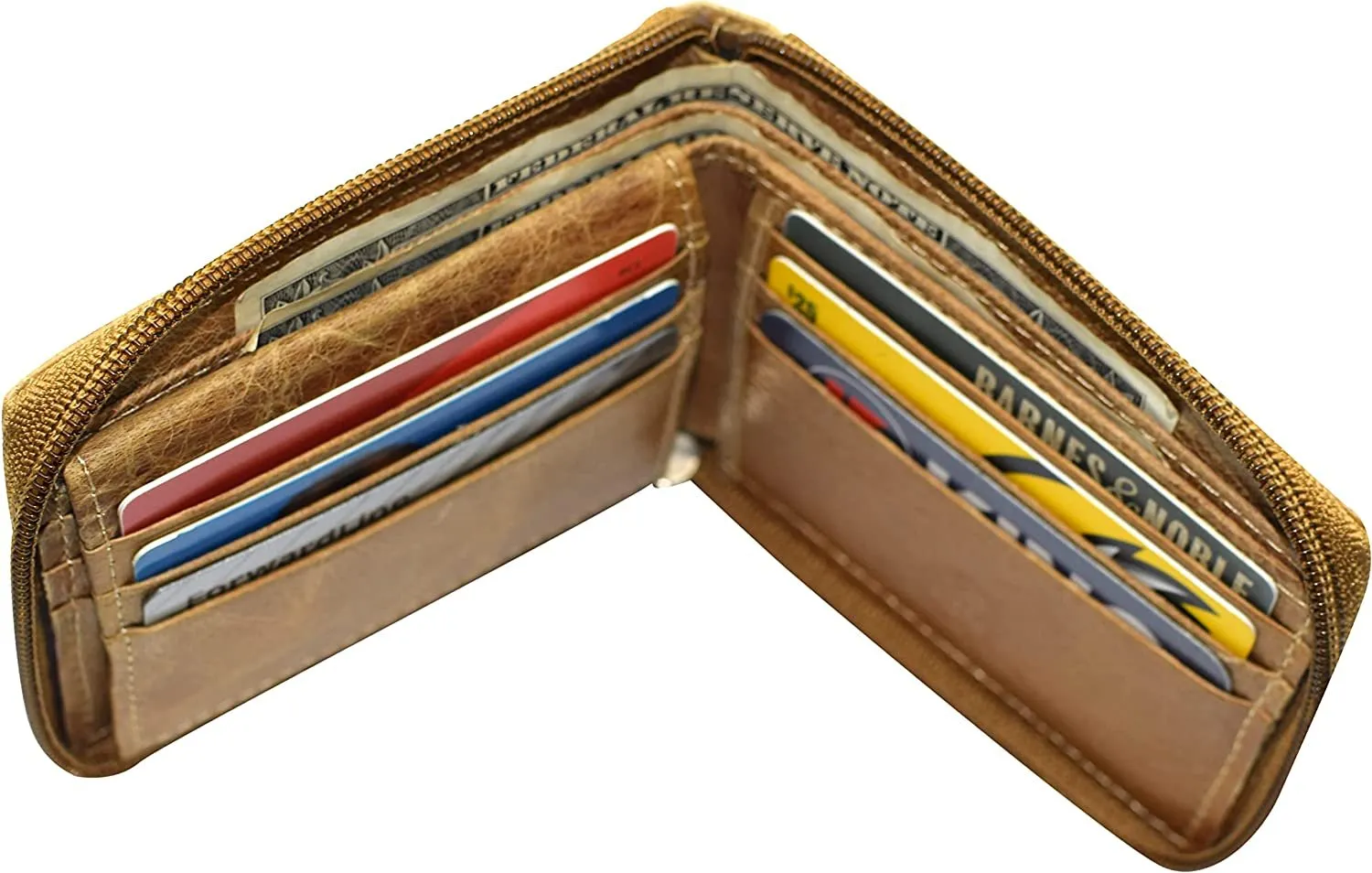 Men's Zip Around RFID Blocking Genuine Leather Outside ID Bifold Tan Wallet for Men