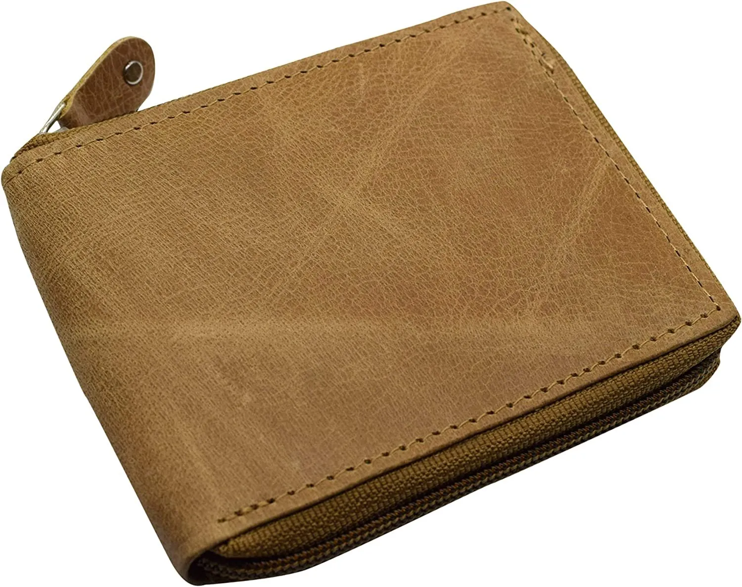 Men's Zip Around RFID Blocking Genuine Leather Outside ID Bifold Tan Wallet for Men