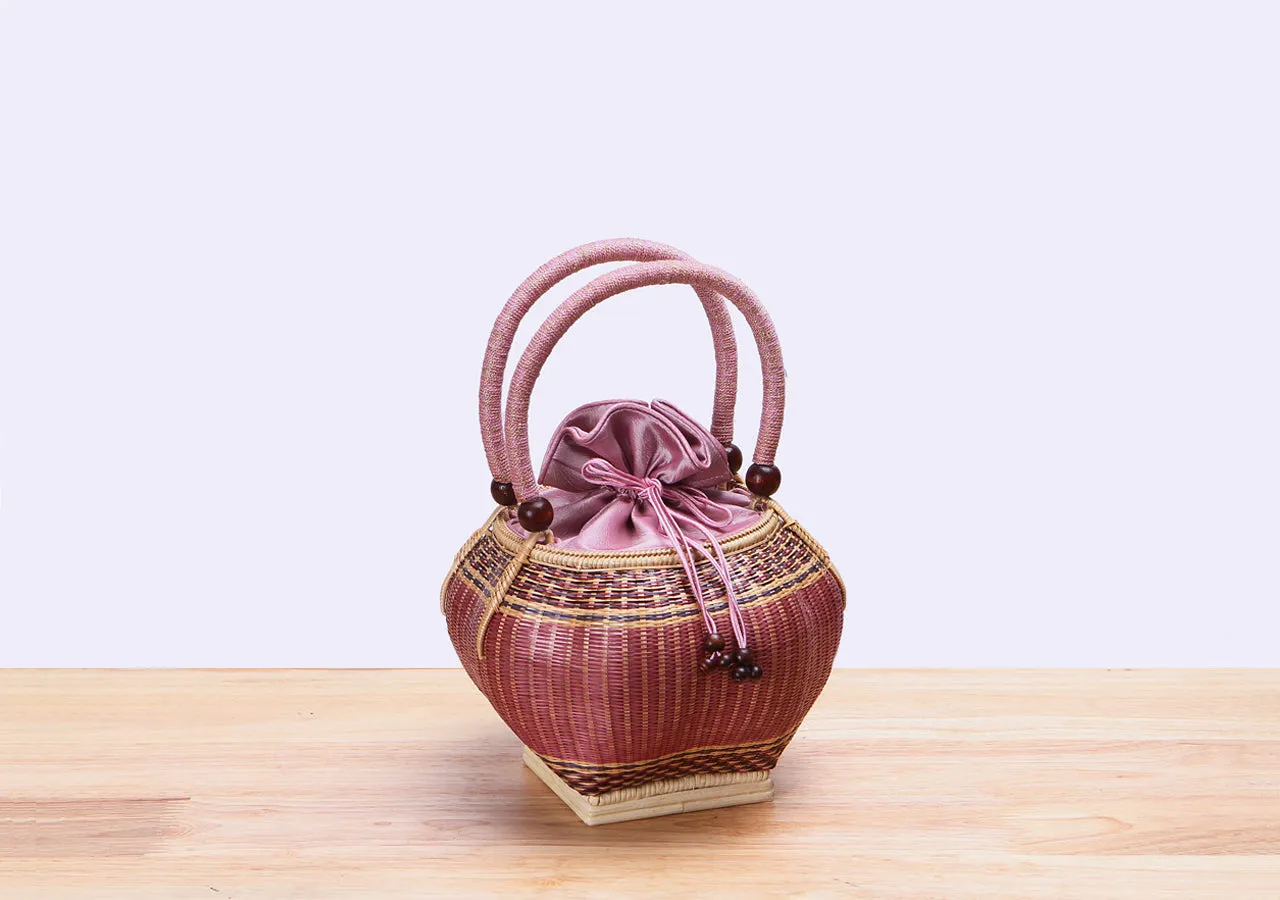 Mini Bamboo Wicker Pumpkin Handbag (Pink)