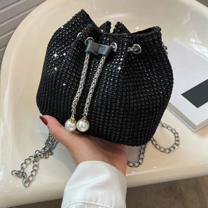 Mini Rhinestone Decor Drawstring Design Chain Bucket Bag