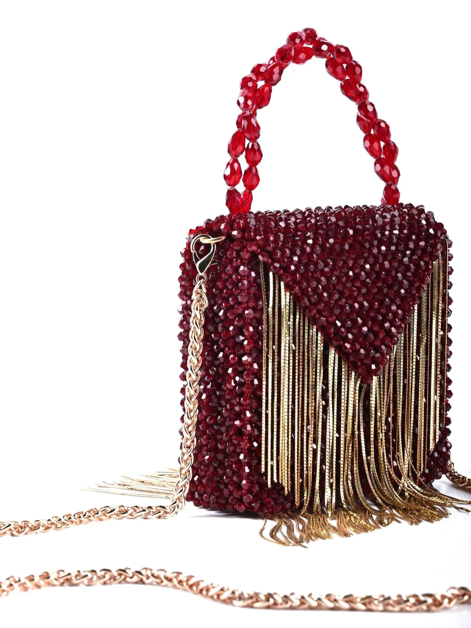 Natali Maroon Embellished Mini Bag With Gold Chain