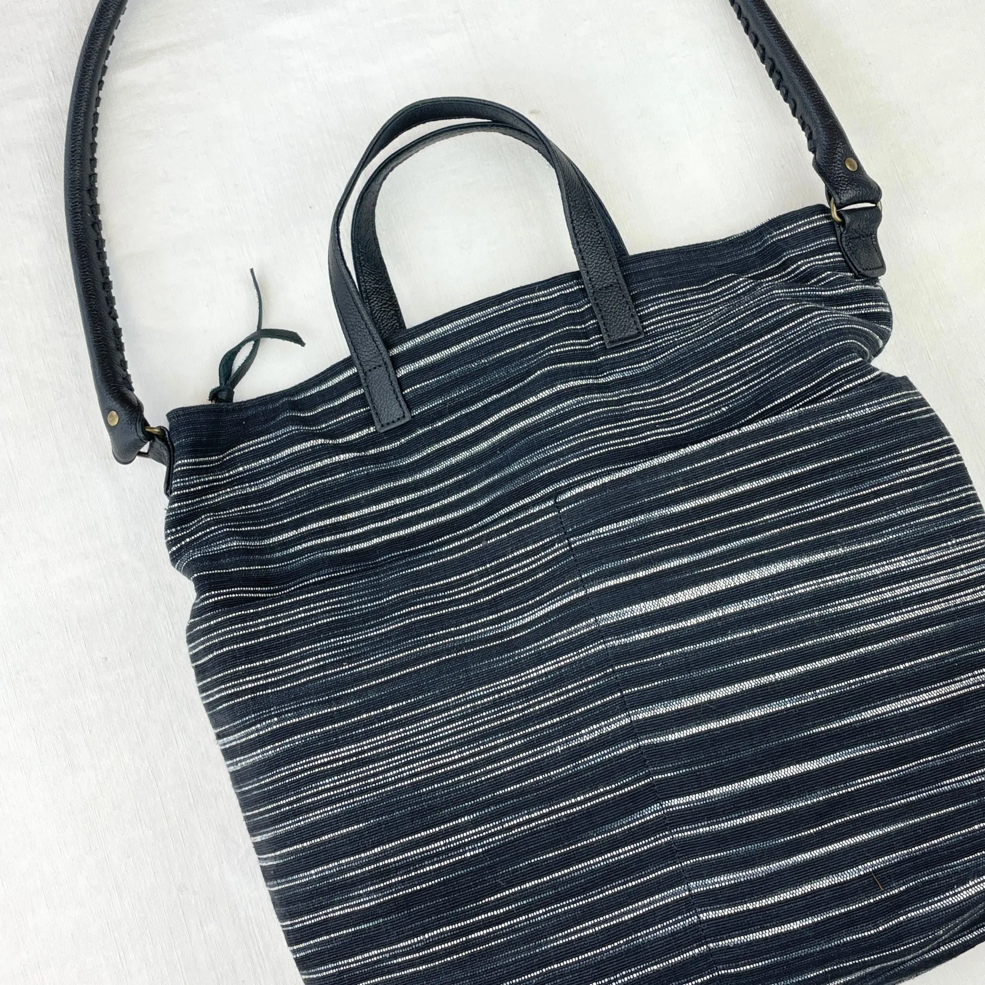 OMA Woven Cotton Leather Double Handle Handbag