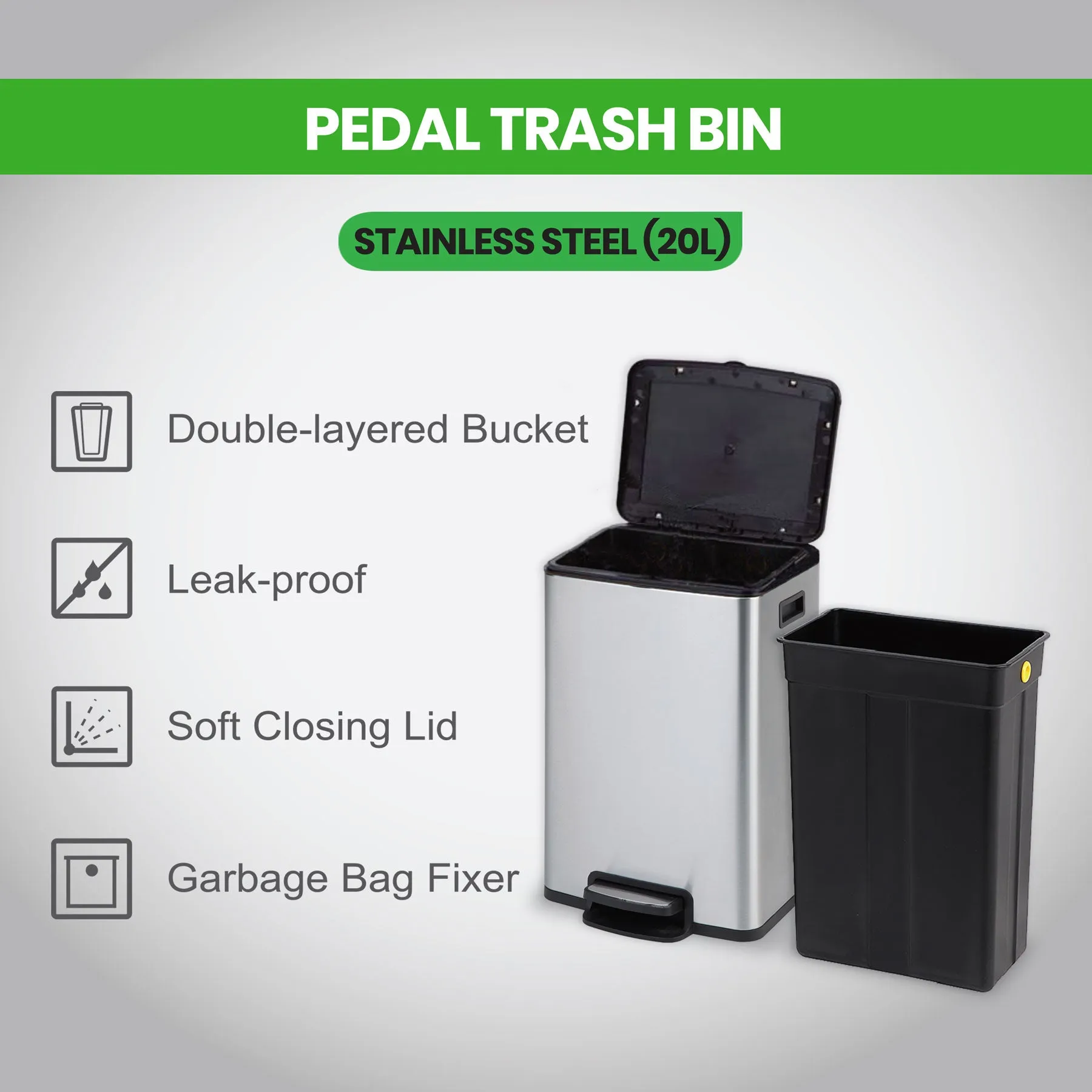 Pedal Trash Bin / Waste Bin / Dustbin with 1 Inner Bin 20L (Stainless Steel)