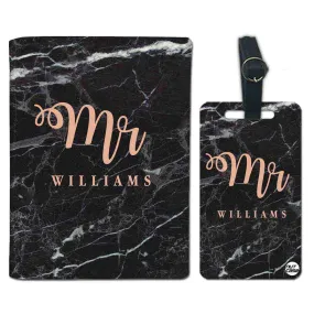 Personalized Passport Cover Luggage Tag Set - Mr Black Marble