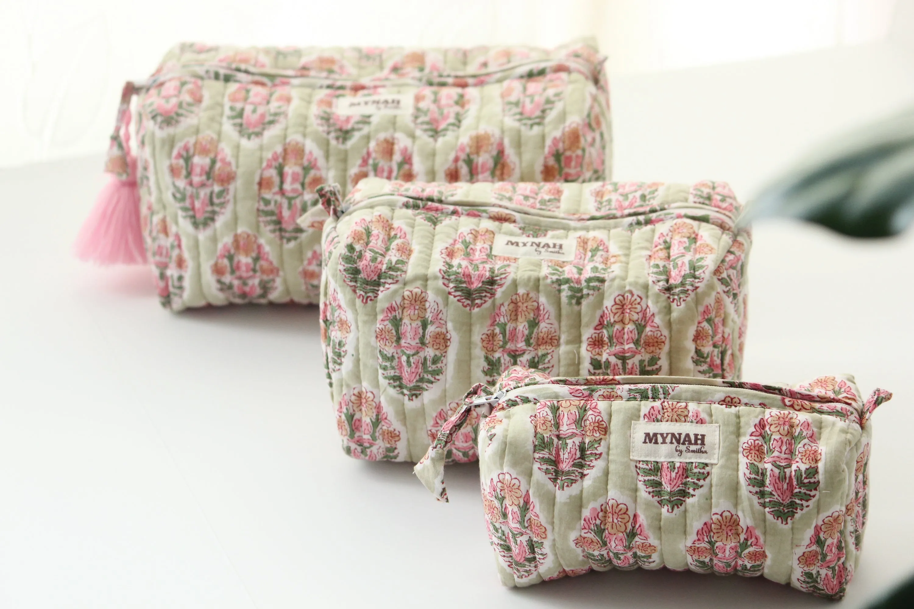 'PISTACHIO BOUQUET green with pink motifs' printed travel/makeup zipper pouch-set of 3