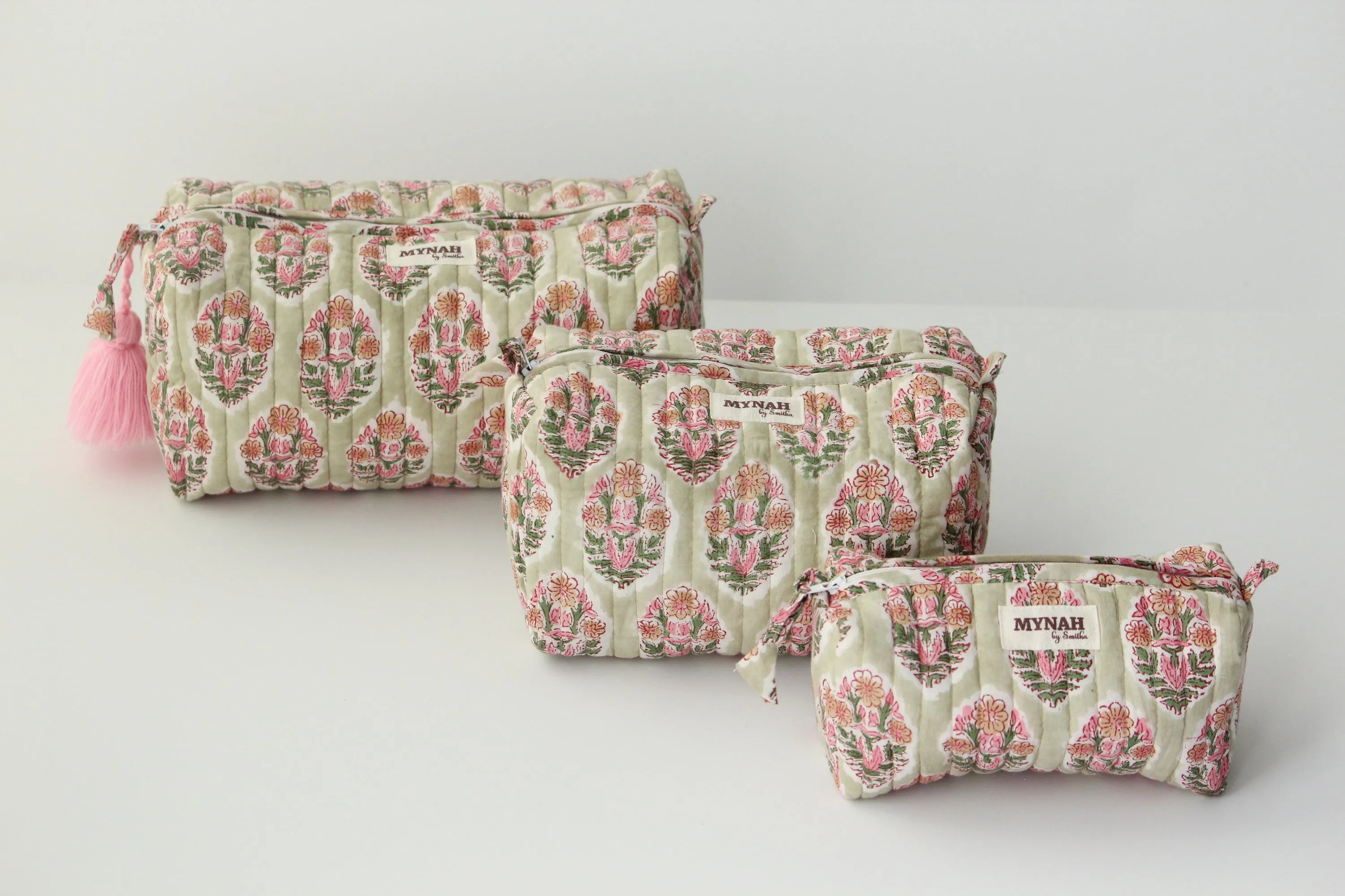 'PISTACHIO BOUQUET green with pink motifs' printed travel/makeup zipper pouch-set of 3