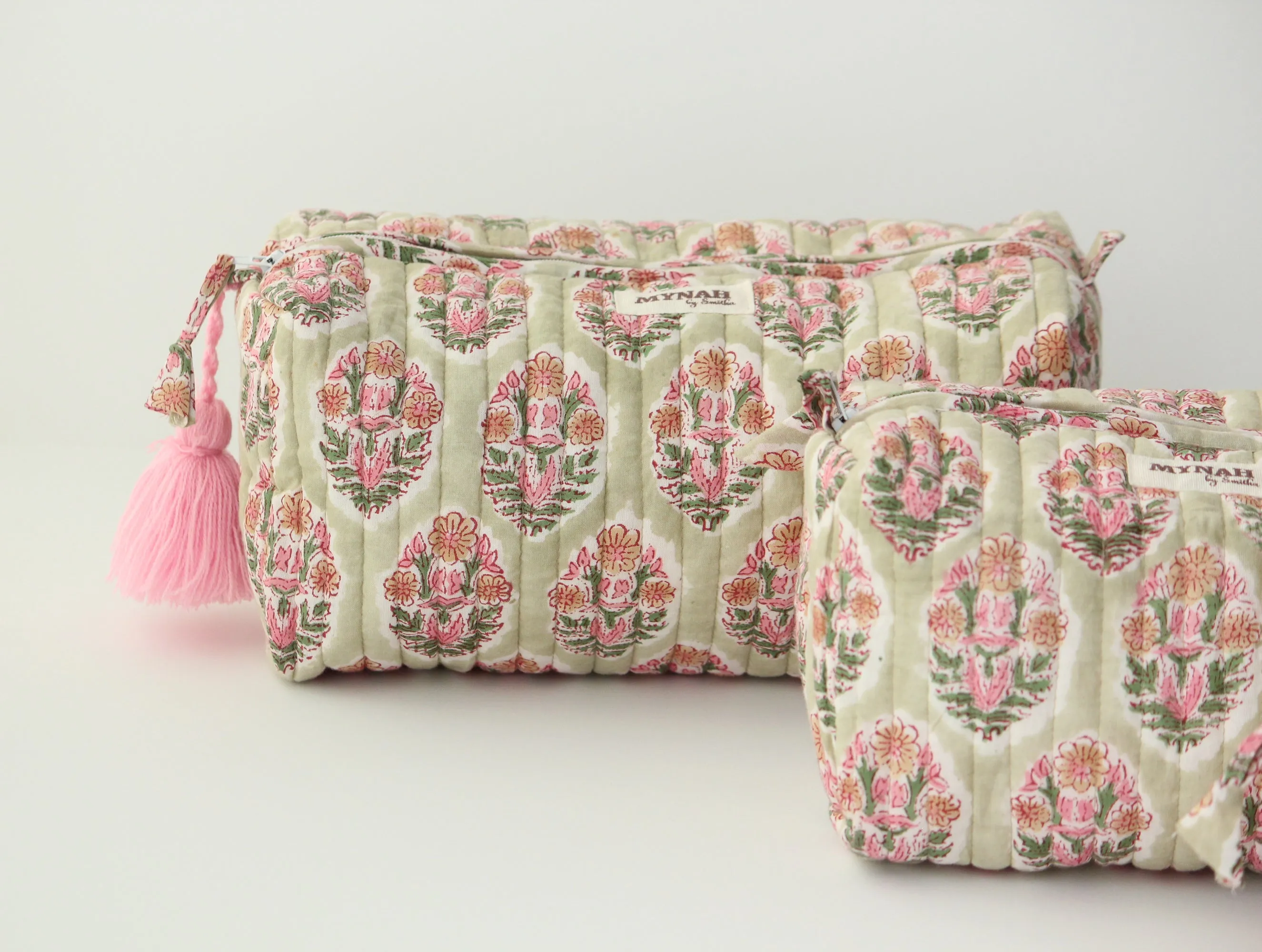 'PISTACHIO BOUQUET green with pink motifs' printed travel/makeup zipper pouch-set of 3