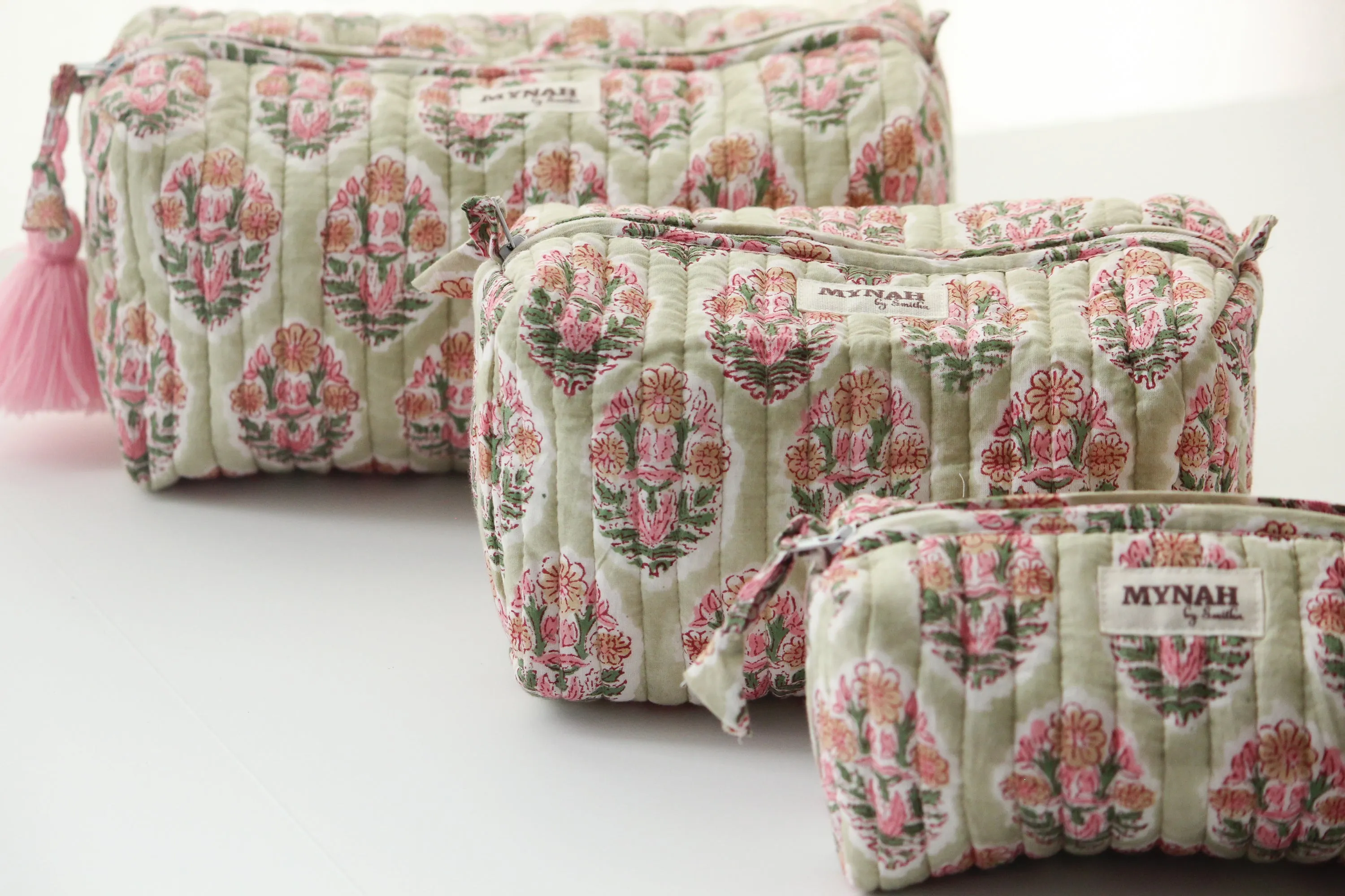 'PISTACHIO BOUQUET green with pink motifs' printed travel/makeup zipper pouch-set of 3