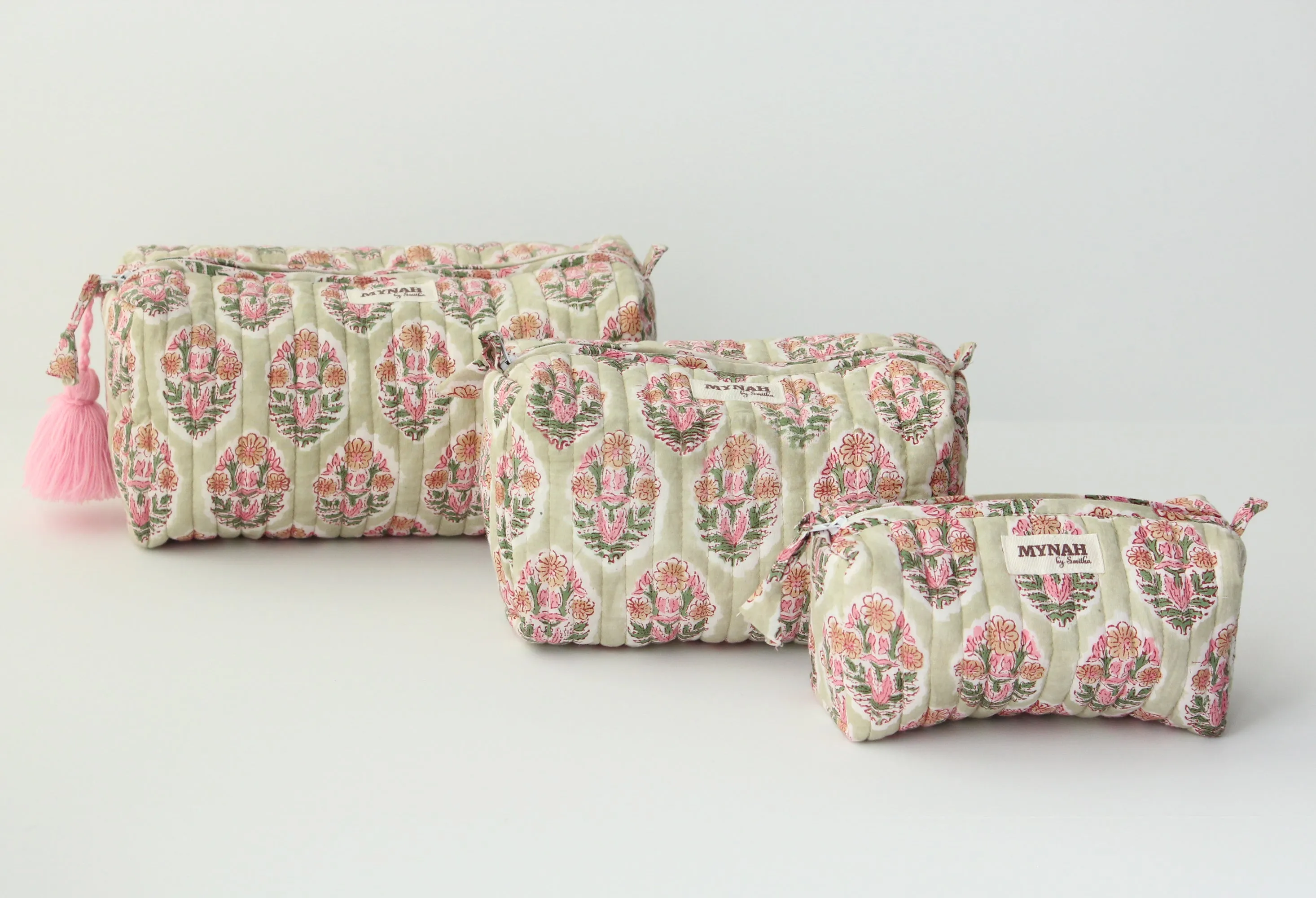 'PISTACHIO BOUQUET green with pink motifs' printed travel/makeup zipper pouch-set of 3