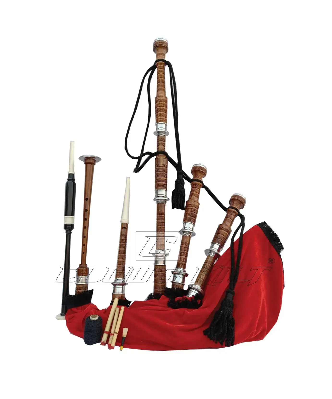 Red Velvet Bagpipe Set Brown & Silver Finish With Hard Case