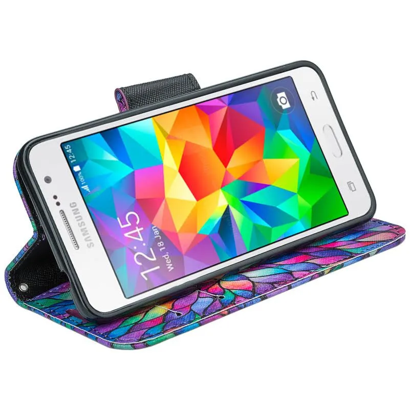 Samsung Galaxy Core Prime Wallet Case, Wrist Strap Flip [Kickstand] Pu Leather Wallet Case with ID & Credit Card Slots, Rainbow