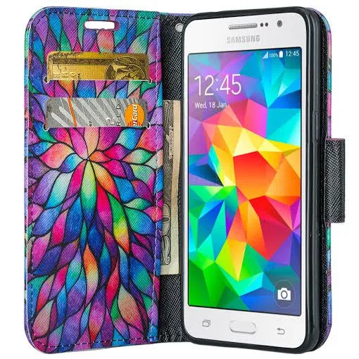 Samsung Galaxy Core Prime Wallet Case, Wrist Strap Flip [Kickstand] Pu Leather Wallet Case with ID & Credit Card Slots, Rainbow