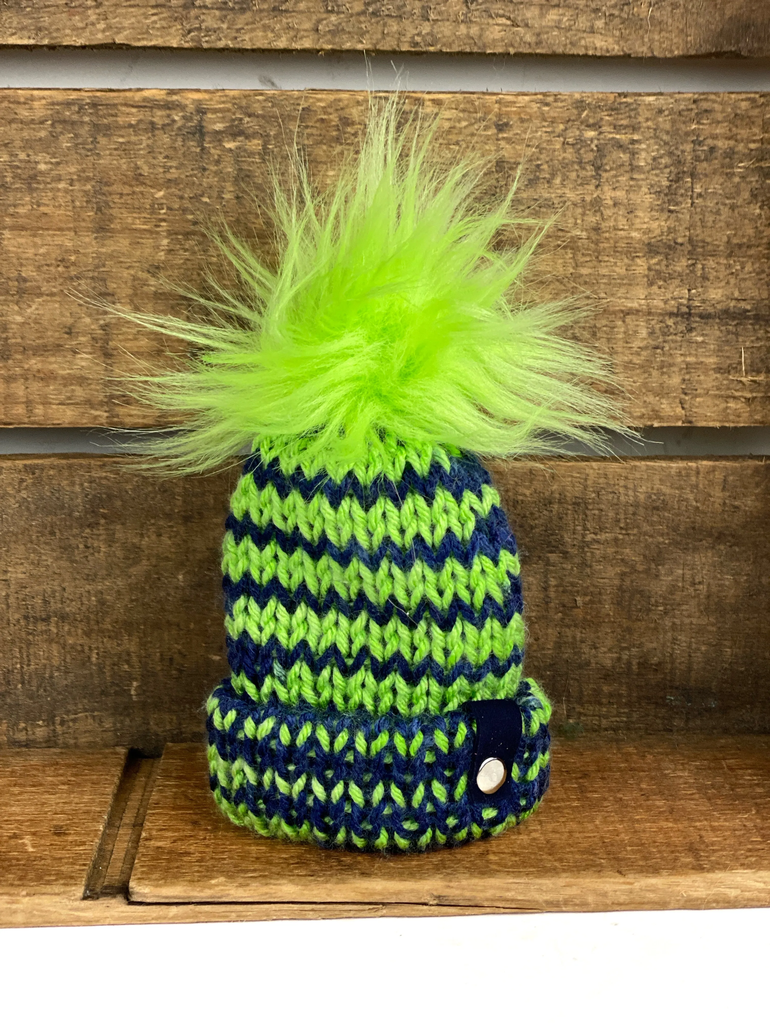 Seattle Blue and Green Mini Knit Hat Purse Charm, Folded Brim Tiny Hat Ornaments, Seahawks Inspired Miniature Beanie Christmas Decor