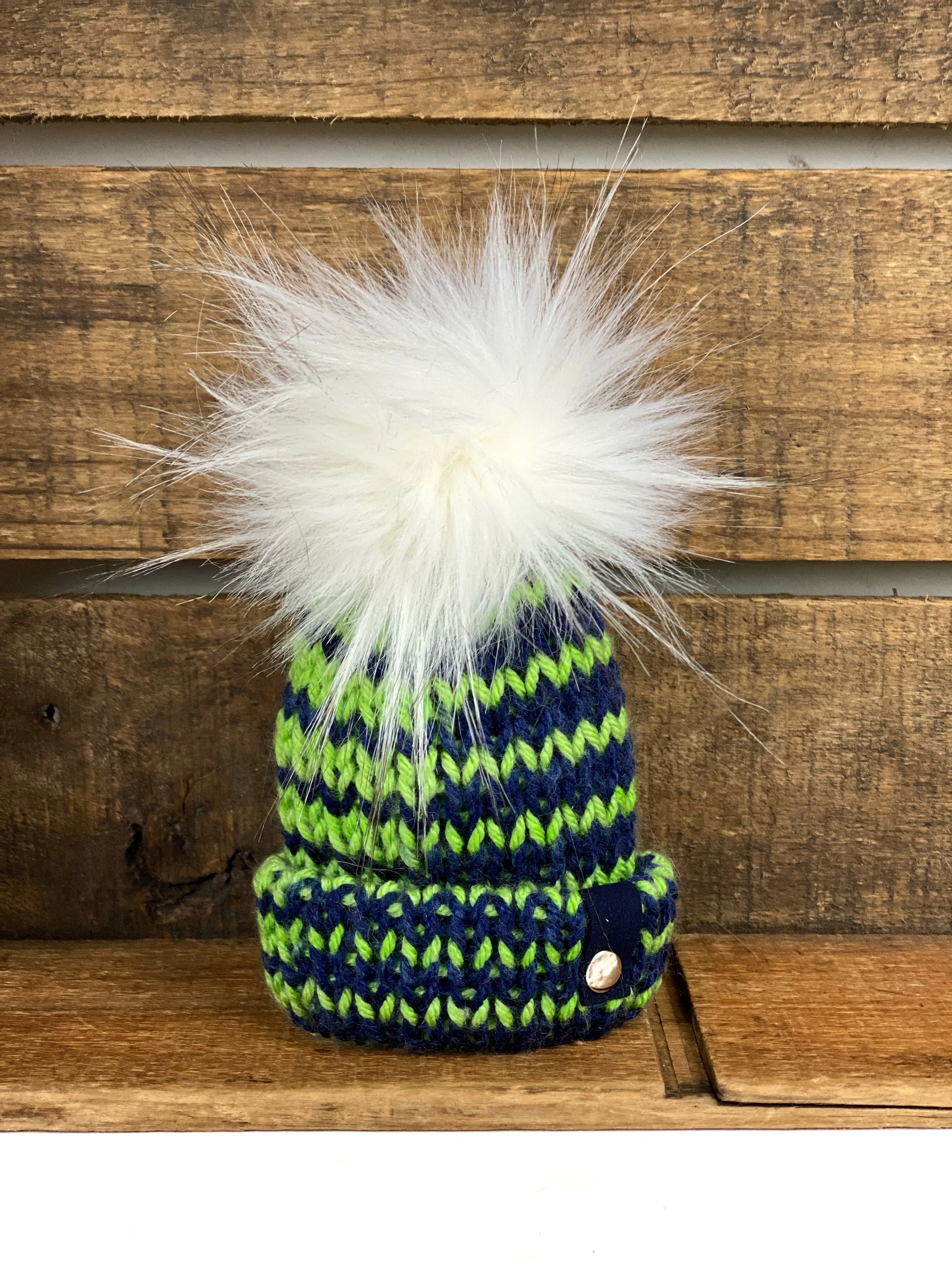 Seattle Blue and Green Mini Knit Hat Purse Charm, Folded Brim Tiny Hat Ornaments, Seahawks Inspired Miniature Beanie Christmas Decor